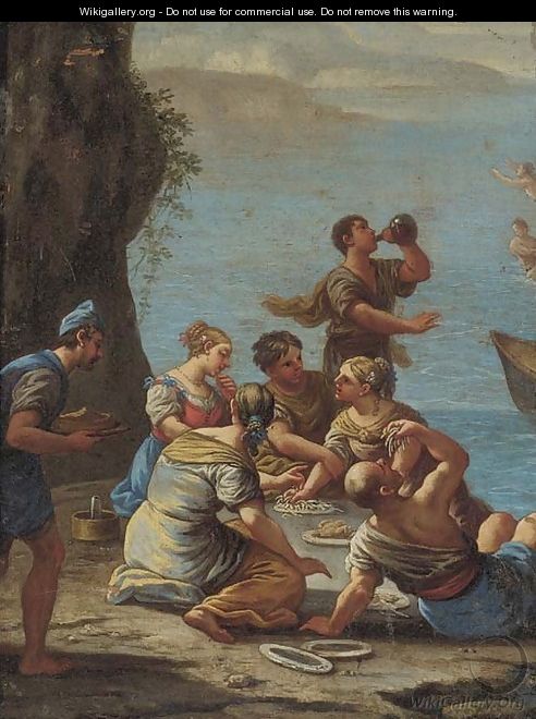 Figures on a shore eating pasta and drinking wine - (after) Luca Giordano
