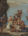 Figures on a shore eating pasta and drinking wine - (after) Luca Giordano