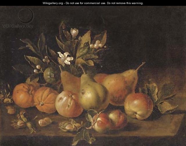 Pears, apples, oranges and nuts on a ledge - (after) Luca Forte