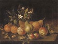Pears, apples, oranges and nuts on a ledge - (after) Luca Forte