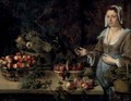 A serving girl next to a table with baskets of melons, plums, peaches, apples and grapes - (after) Louise Moillon