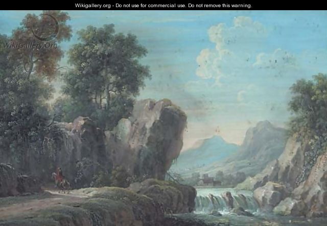 A mountainous, wooded river landscape with a figure on horseback on a path; and A wooded landscape with travellers on a track - (after) Louis Nicolael Van Blarenberghe