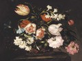 Roses, tulips, morning glory and other flowers in a basket on a stone pedestal - (follower of) Nuzzi, Mario
