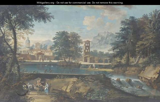 River landscape with bathers and a town in the background - (after) Marco Ricci