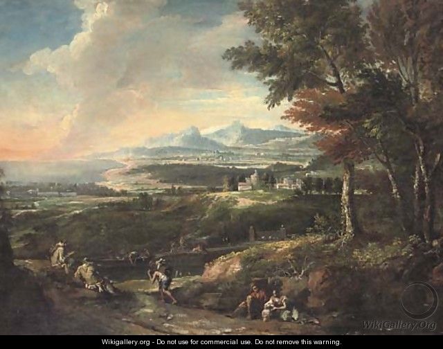 An Italianate landscape with monks and other travellers by a river, a bay beyond - (after) Marco Ricci
