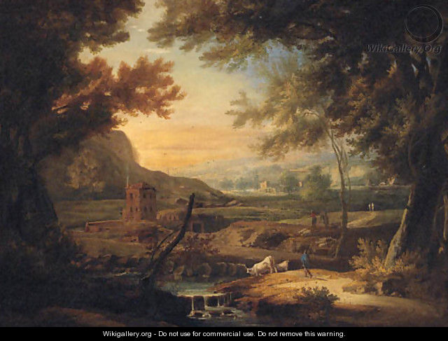An extensive Italianate landscape with a herdsman by a stream - (after) Marco Ricci