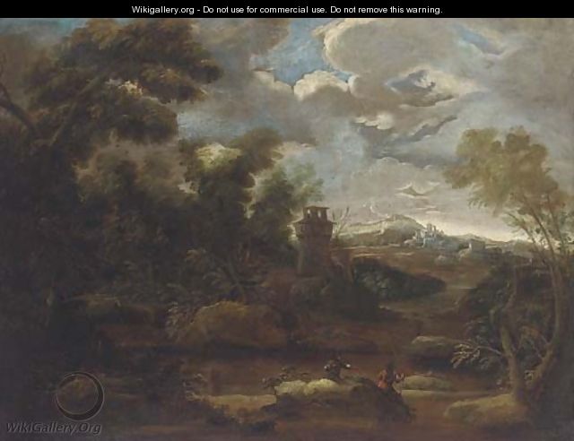 A mountain landscape with anglers by a river, a tower and a town beyond - (after) Marco Ricci
