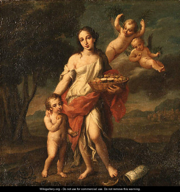 A Woman holding a Basket of Fruit with a Child and Putto - (after) Marcantonio Franceschini
