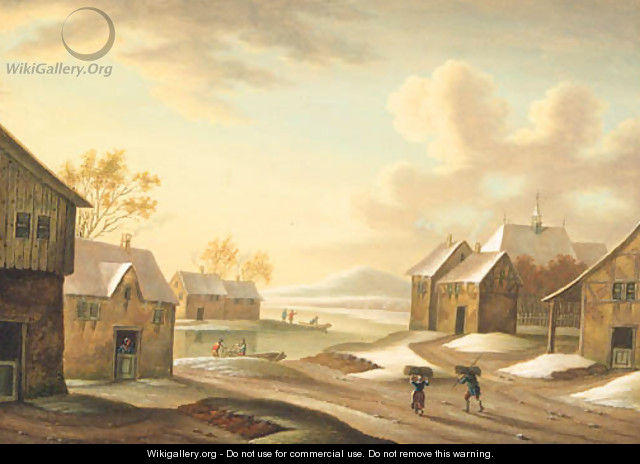 A winter landscape with peasants in a village by a river - (after) Marc Baets