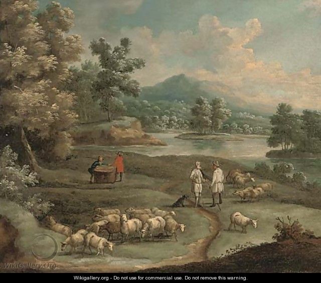 An extensive mountainous landscape, with figures and a wagon on a path by a lake; and A river landscape with shepherds conversing - (after) Marc Baets