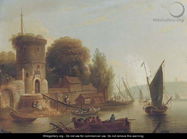 A river landscape with fisherman, a walled town beyond - (after) Marc Baets