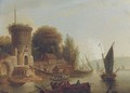 A river landscape with fisherman, a walled town beyond - (after) Marc Baets