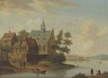 A river landscape with a village and anglers - (after) Marc Baets