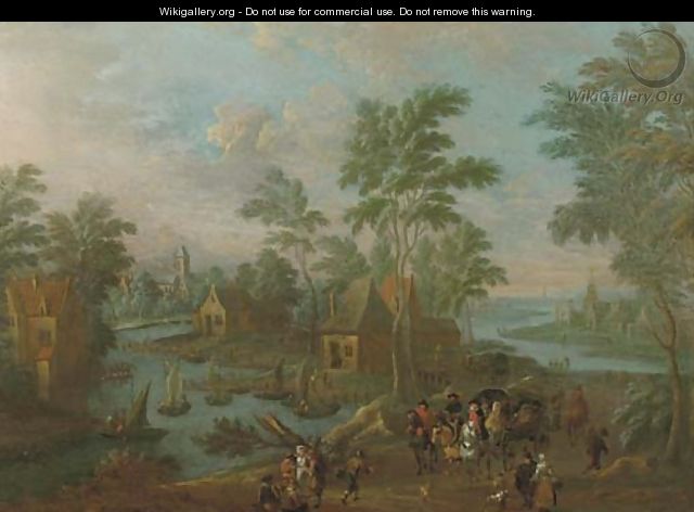 A river landscape with a carriage, horsemen and travellers on a path in a village - (after) Marc Baets