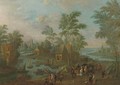 A river landscape with a carriage, horsemen and travellers on a path in a village - (after) Marc Baets