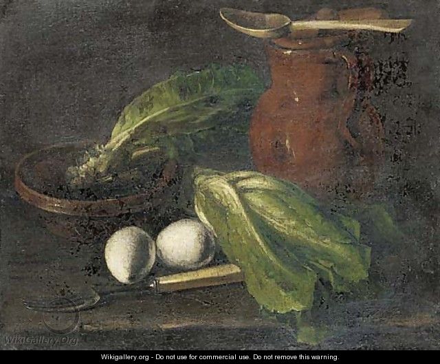 Eggs, lettuce, a jug, a bowl of lettuce and a fork on a table - (after) Luis Eugenio Melendez