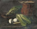 Eggs, lettuce, a jug, a bowl of lettuce and a fork on a table - (after) Luis Eugenio Melendez