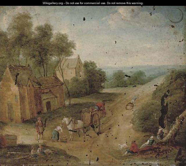 A wooded landscape with figures on horseback by a village - (after) Mattijs Schoevaerdts