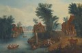 A village landscape with elegant company in ferries crossing a river - (after) Mathys Schoevaerts