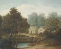 Figures by a pond with cottages beyond - (after) John Rathbone