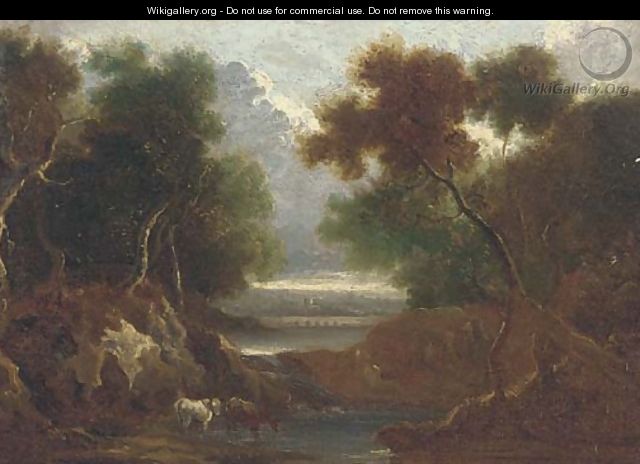Cattle watering in a classical landscape - (after) John Rathbone