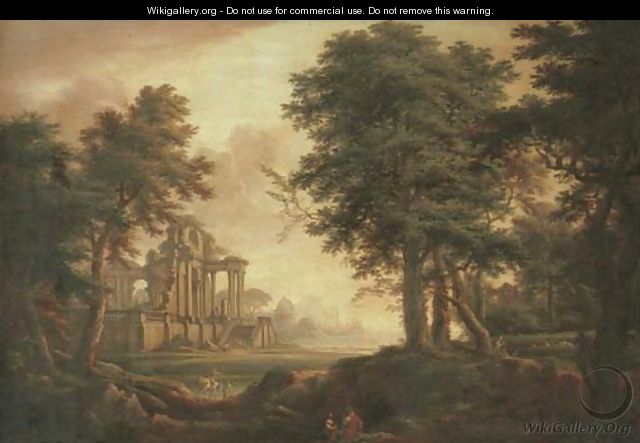 A wooded landscape with figures, classical ruins and harbour in the distance - (after) John Inigo Richards