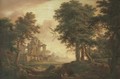 A wooded landscape with figures, classical ruins and harbour in the distance - (after) John Inigo Richards