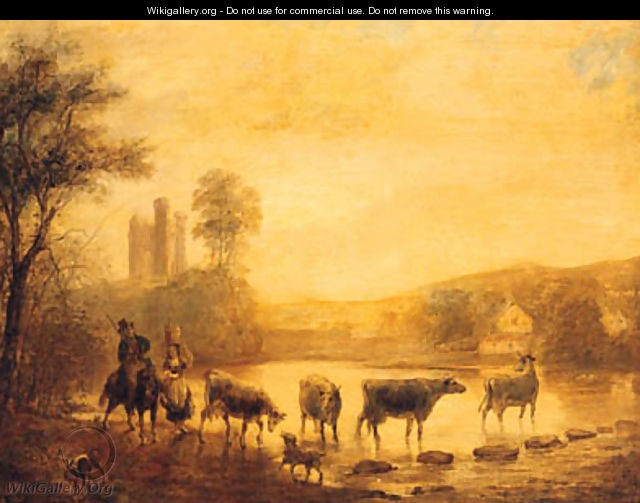 A Herdsman With Cattle Watering In A River, A Castle Beyond - (after) John Inigo Richards