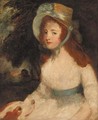 Portrait of a lady, three-quarter-length, in a white dress and bonnet, a dog at her side, in a landscape - (after) Hoppner, John