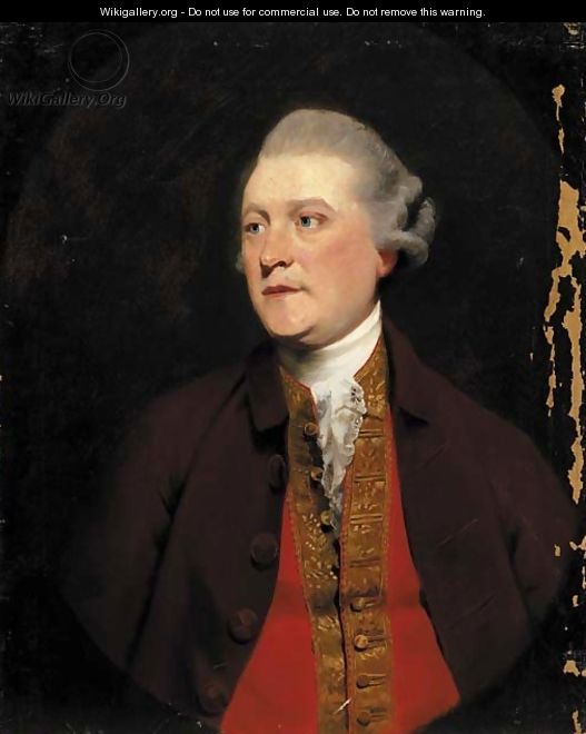 Portrait of a gentleman, half-length, in a brown coat and red waistcoat with gold trim, feigned oval - (after) Hoppner, John