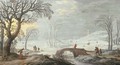 A winter landscape with travellers and peasants by a bridge - Joos Or Josse De, The Younger Momper
