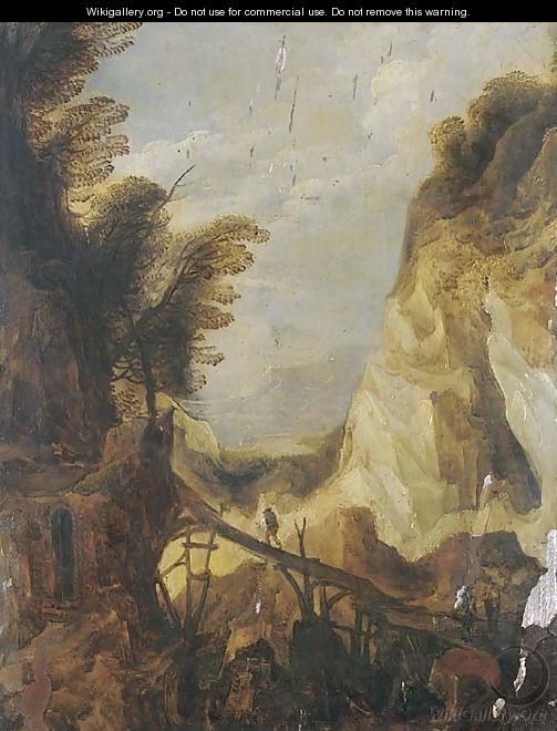 A mountainous landscape with travellers on a bridge - Joos Or Josse De, The Younger Momper