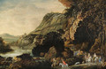 An extensive rocky river landscape with an elegant party on horseback on a track - Joos Or Josse De, The Younger Momper