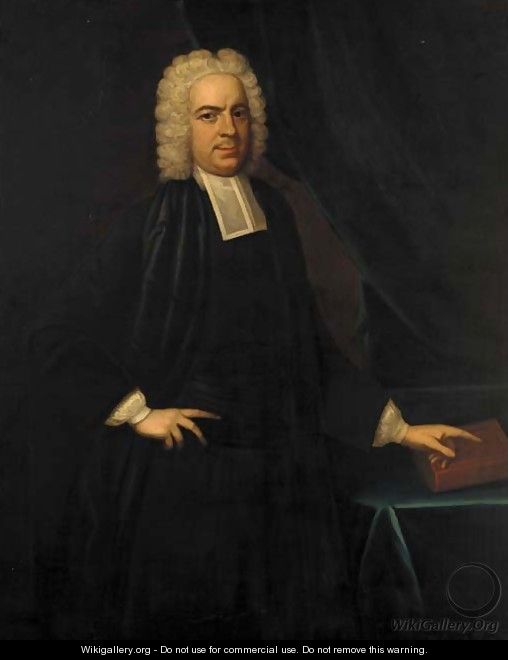 Portrait of John Eyre (b.1693) of Landford, Wiltshire, three-quarter-length, pointing to a book on a draped table - (after) Richardson. Jonathan