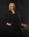 Portrait of John Eyre (b.1693) of Landford, Wiltshire, three-quarter-length, pointing to a book on a draped table - (after) Richardson. Jonathan