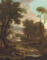 A landscape with a shepherd and shepherdess by a river, classical buildings beyond - (after) John Wootton