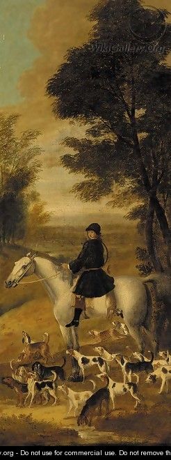 A huntsman on a grey hunter, with harriers in an extensive wooded landscape - (after) John Wootton