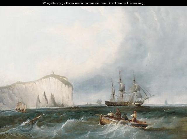 A frigate weaving through small craft off a lofty headland - (after) James Wilson Carmichael