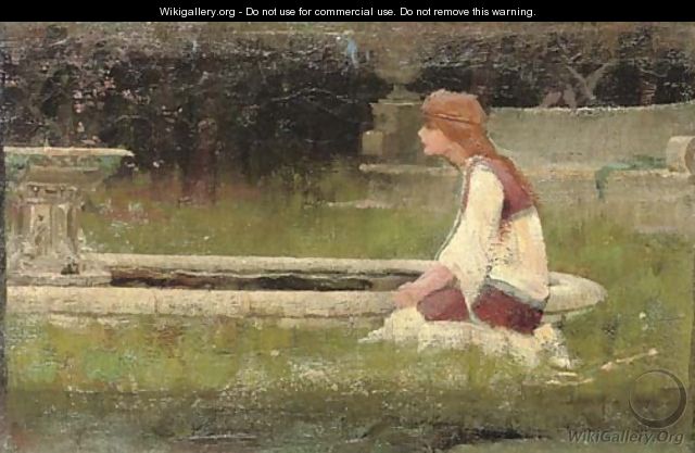 Girl kneeling by fountain - (after) John William Waterhouse