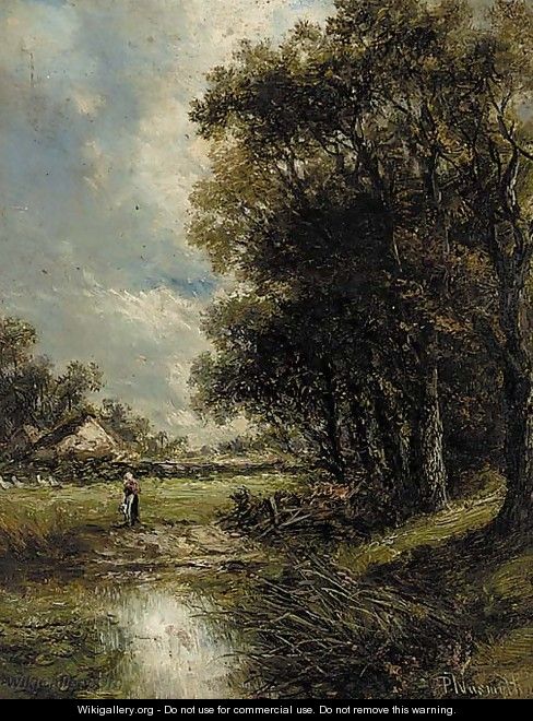 A figure by a pond in a wooded landscape - (after) Joseph Thors
