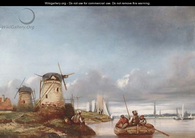 Windmills on the bank of a river - (after) Joseph Stannard
