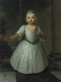 Portrait of Miss D'Aranda as a child, full-length, in a white dress with a blue sash and white bonnet, holding a coral tipped toy in her left hand - (after) Highmore, Joseph