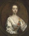 Portrait of Lucia Blithe, bust-length, in a white dress and flower garland, in a feigned cartouche - (after) Highmore, Joseph