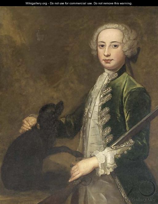Portrait of a young gentleman, three-quarter-length, in a green coat, holding a gun, with a spaniel - (after) Highmore, Joseph