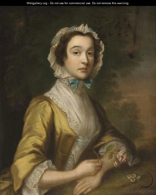 Portrait of a lady, half-length, in a yellow dress and blue-ribboned lace bonnet, holding a rose, in a landscape - (after) Highmore, Joseph