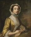 Portrait of a lady, half-length, in a yellow dress and blue-ribboned lace bonnet, holding a rose, in a landscape - (after) Highmore, Joseph