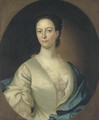 Portrait of a lady, bust-length, in a white dress and blue wrap, feigned oval - (after) Highmore, Joseph