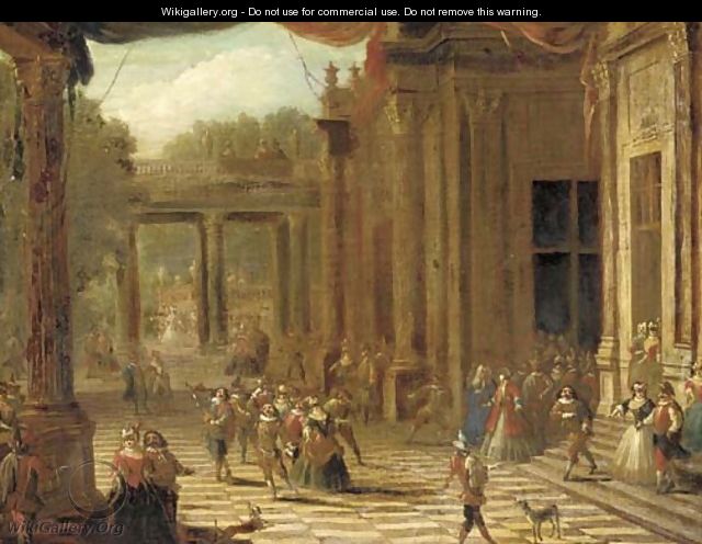 A capriccio of a classical palace exterior with elegant company at a masked ball - (after) Joseph Francis Nollekens