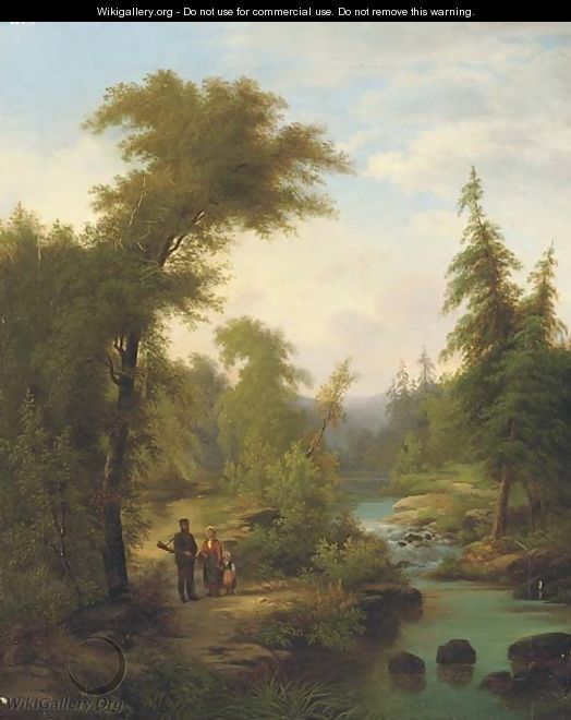 A family on a riverbank in a wooded landscape - (after) Josef Thomas