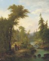 A family on a riverbank in a wooded landscape - (after) Josef Thomas